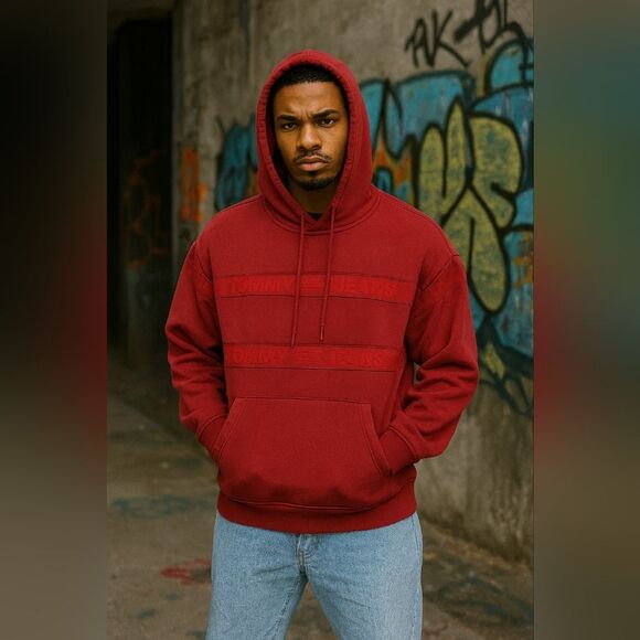 Tommy Jeans Hoodie Mens Medium Red Black Logo Spell Out Pullover Sweatshirt - Picture 1 of 7